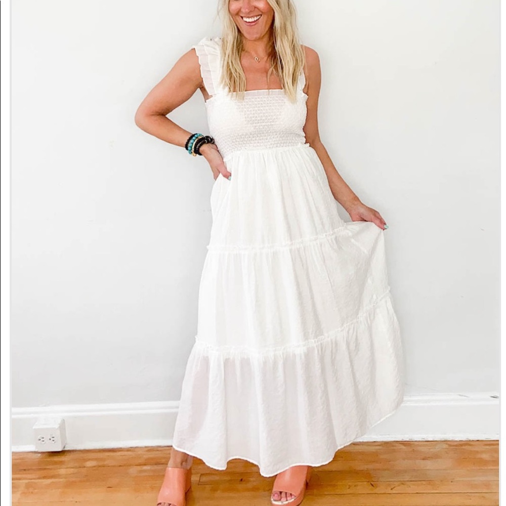 Jade, Smocked Tiered White Maxi Dress